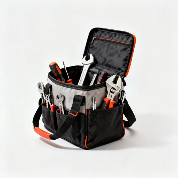 An open mouth tool bag with tools