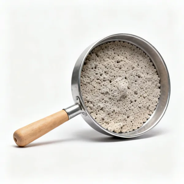 A rotating annealing pan filled with pumice