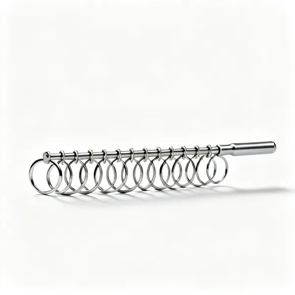 Ring sizers: A set of metal ring sizer gauges on a ring