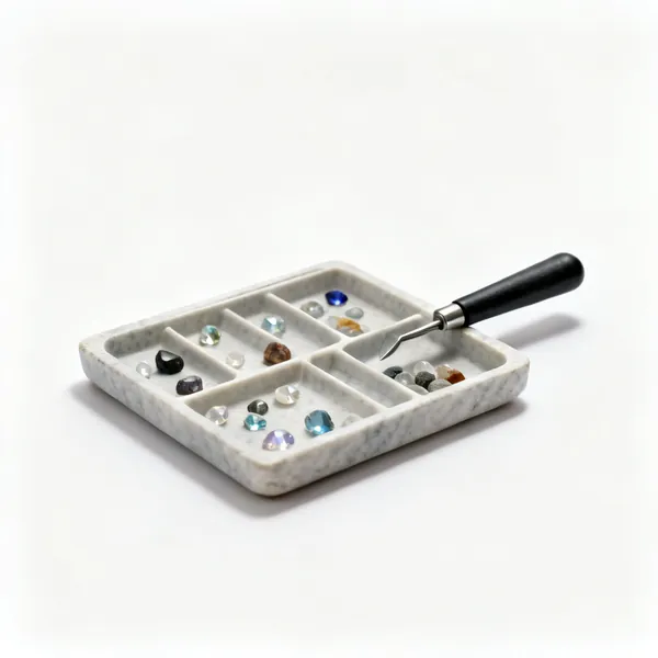 A stone sorting tray with small gemstones