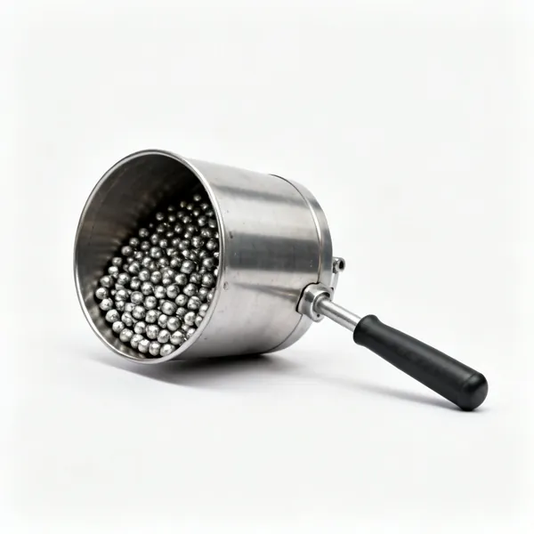 A rotary barrel tumbler with steel shot