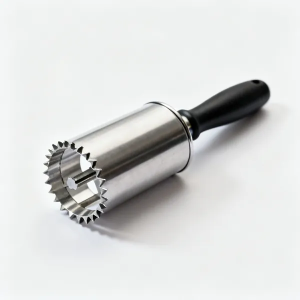 An apple corer with a serrated cylindrical tube and handle