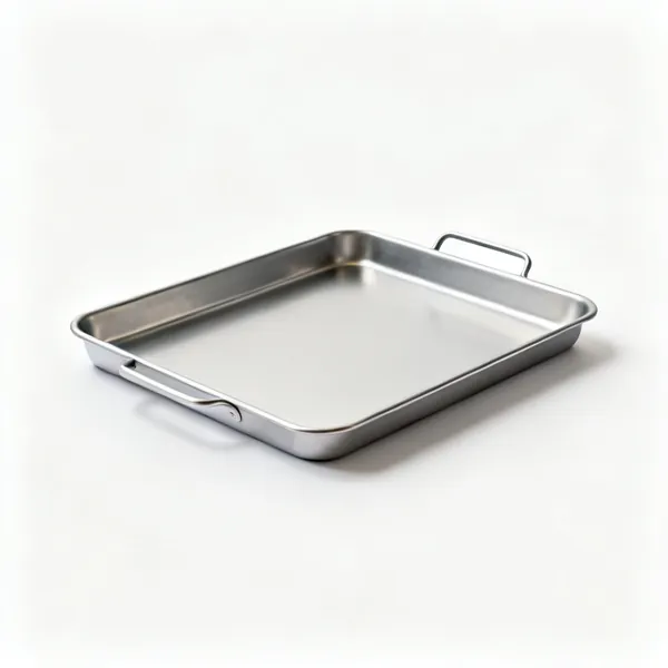 A flat rectangular metal baking sheet with a shallow rim