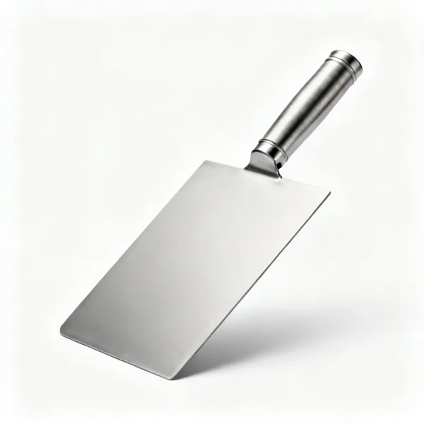 A rectangular stainless steel bench scraper with a rolled handle