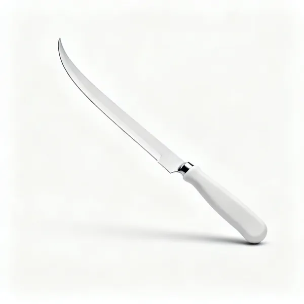 A narrow flexible boning knife with a thin curved blade