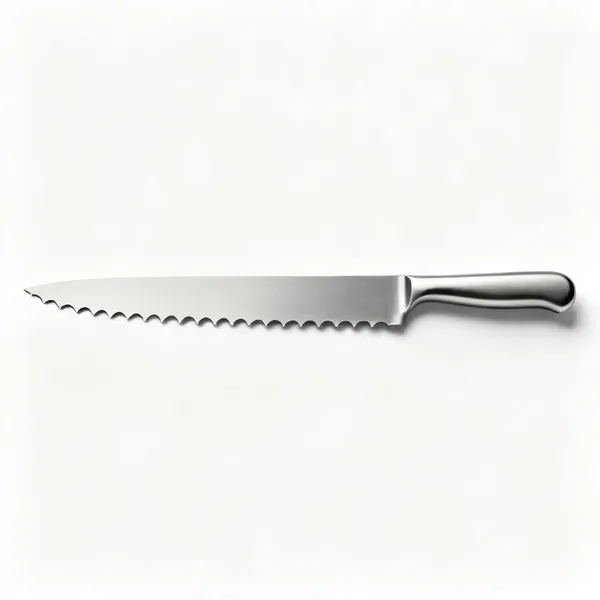 A long serrated bread knife with scalloped teeth along the blade