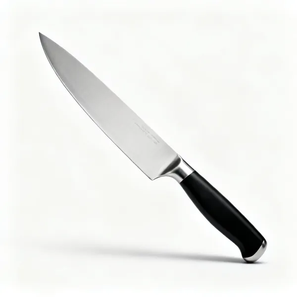 A chef's knife with a stainless steel blade and black handle