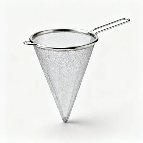 A tall conical fine-mesh chinois strainer with a handle