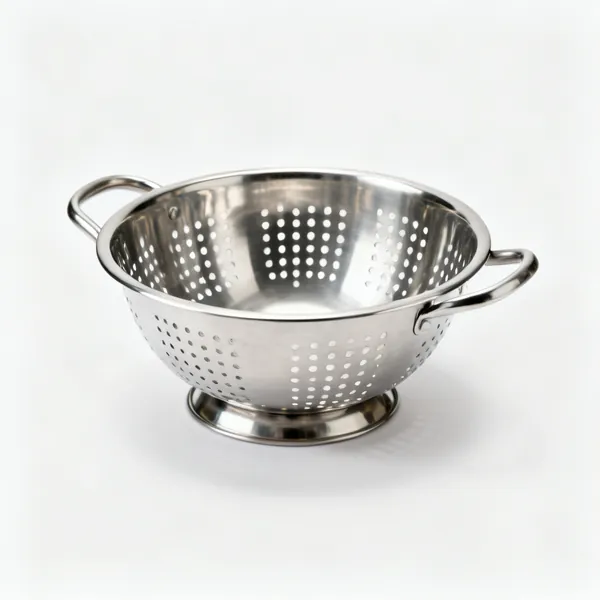 A stainless steel colander with large perforations and two handles