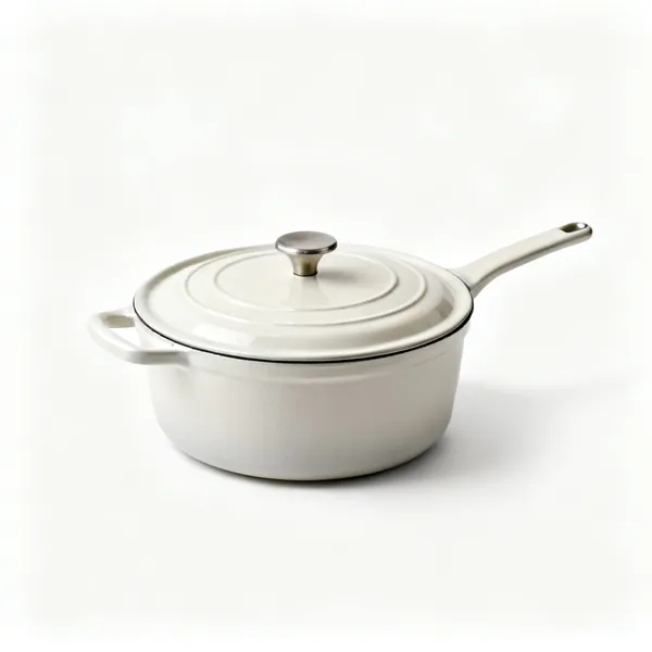 A round enamelled cast iron Dutch oven with a heavy lid