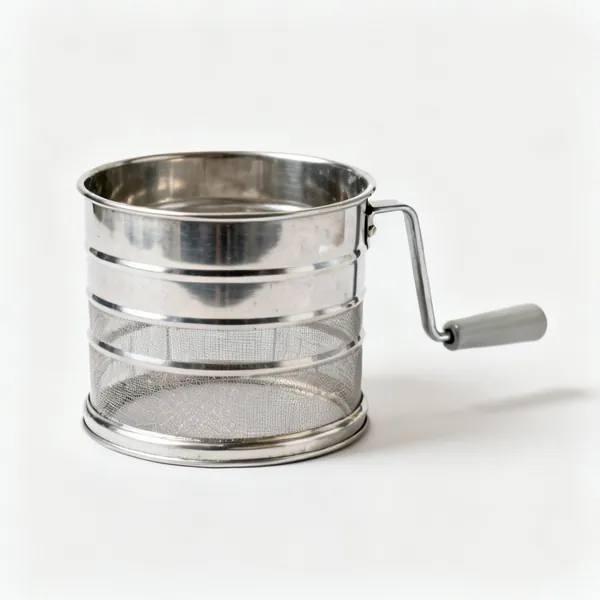 A metal flour sifter with a crank handle and mesh base