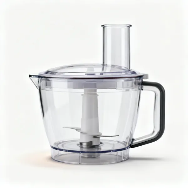 A food processor with a wide clear bowl and a lid feed tube