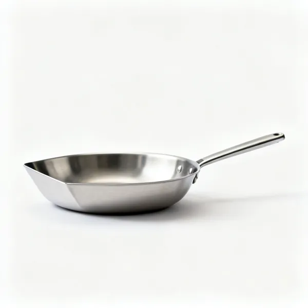 Frying pan / skillet: A stainless steel frying pan with sloped sides and a long handle