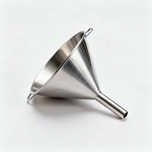 A stainless steel kitchen funnel