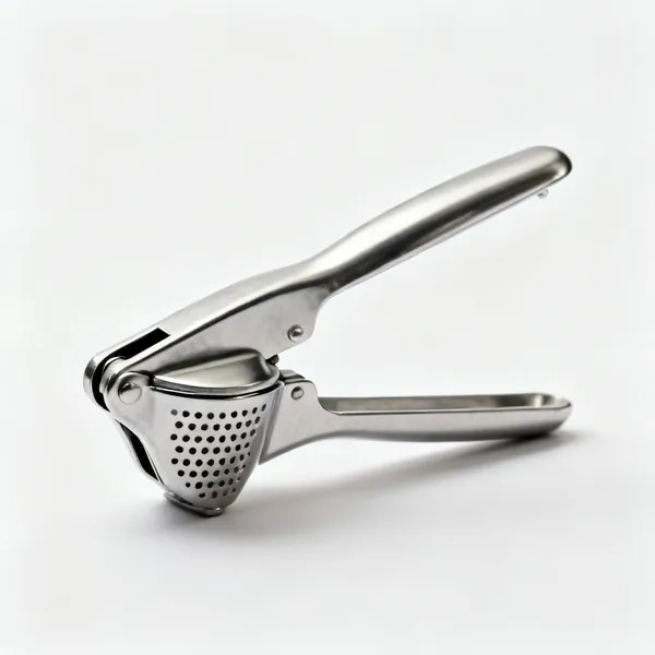 A metal garlic press with hinged handles and a perforated chamber
