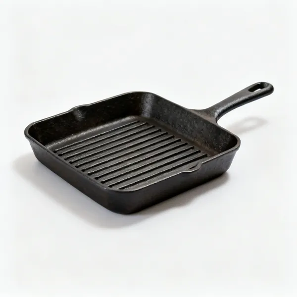 A square cast iron griddle pan with raised ridges