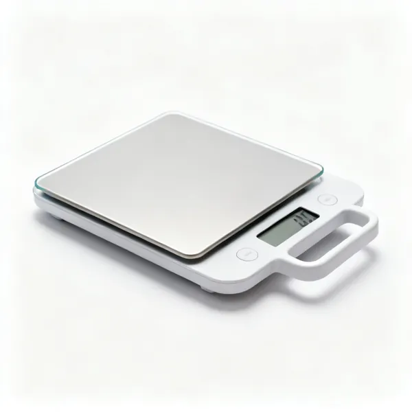 A flat digital kitchen scale with an LCD display