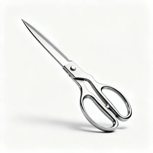 A pair of heavy stainless steel kitchen shears, blades open