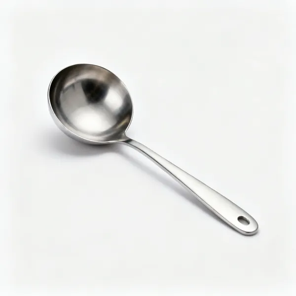 A stainless steel soup ladle with a deep round bowl