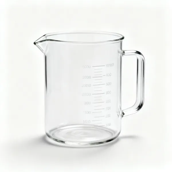 A clear glass liquid measuring jug with printed graduation markings
