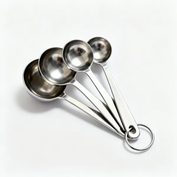 A nested set of four stainless steel measuring spoons on a ring