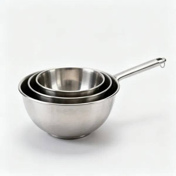 A nested set of three stainless steel mixing bowls
