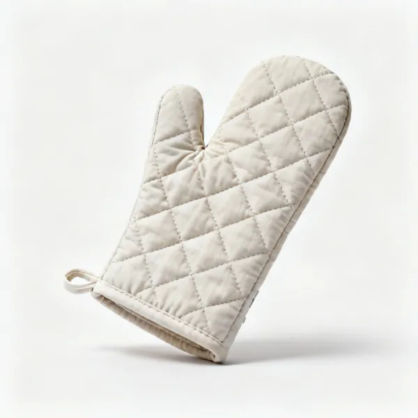 A pair of quilted fabric oven gloves