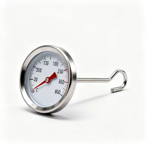 A round dial oven thermometer with a metal stand and hook