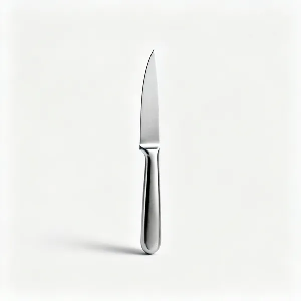 A small paring knife with a short pointed stainless blade