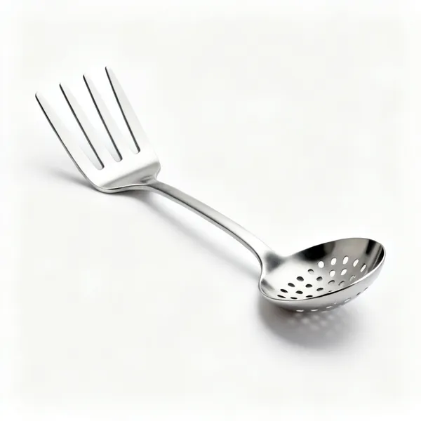 A pasta server spoon with long prongs and a slotted bowl