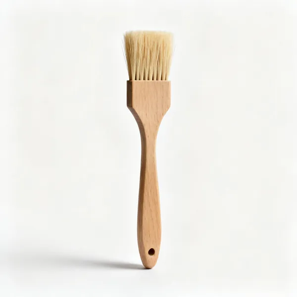 A pastry brush with soft natural bristles and a wooden handle