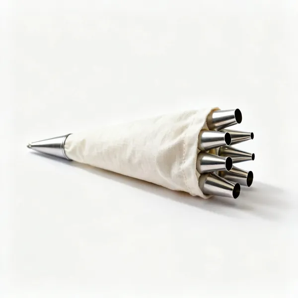 Piping bag & nozzles: A fabric piping bag with a set of metal nozzle tips