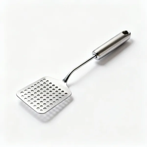 A potato masher with a perforated flat metal head