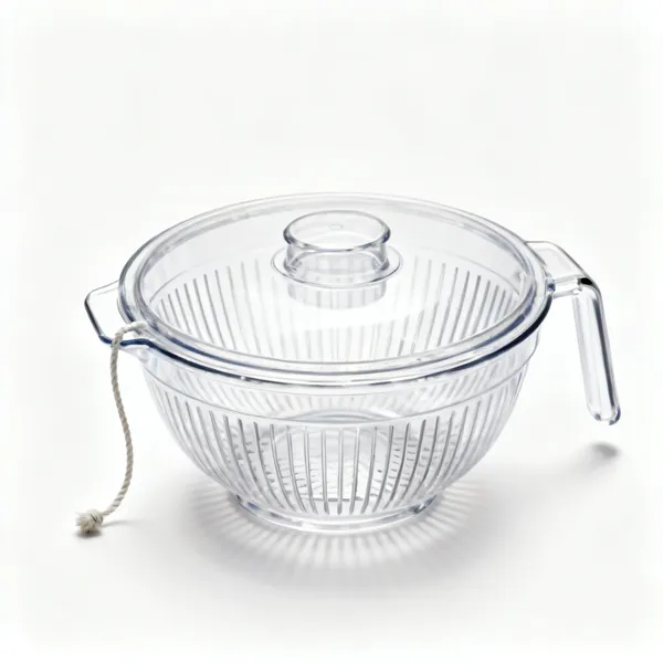 A clear plastic salad spinner with a lid and pull cord