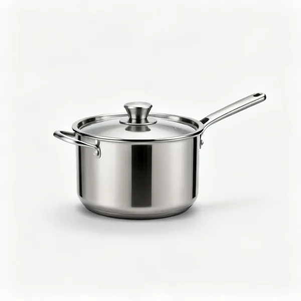 A stainless steel saucepan with straight sides and a lid