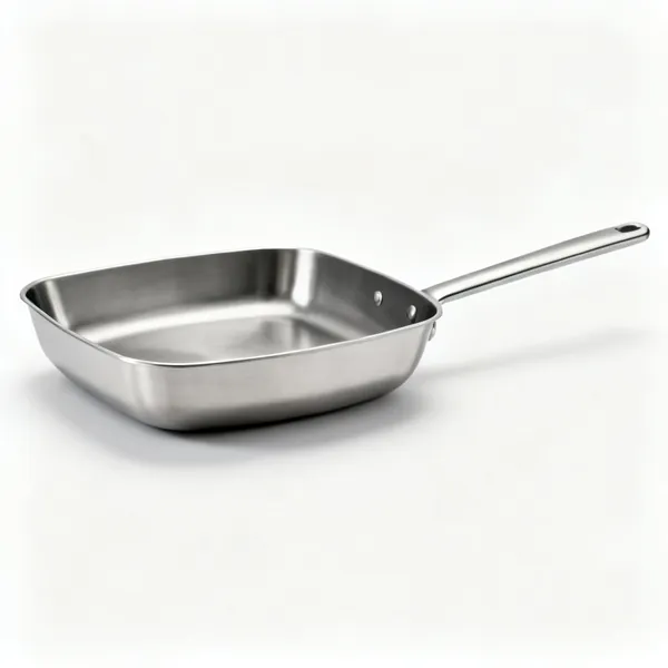 A stainless steel sauté pan with straight sides and a long handle