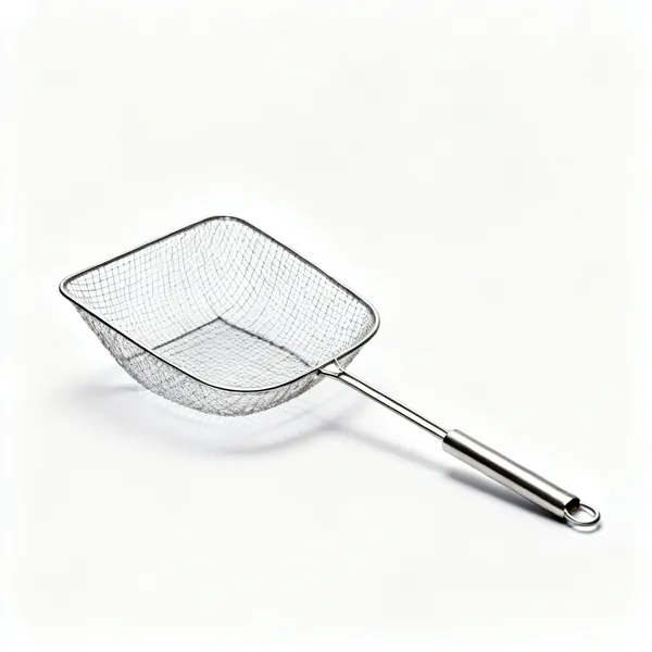 A wire mesh skimmer with a wide flat basket and long handle