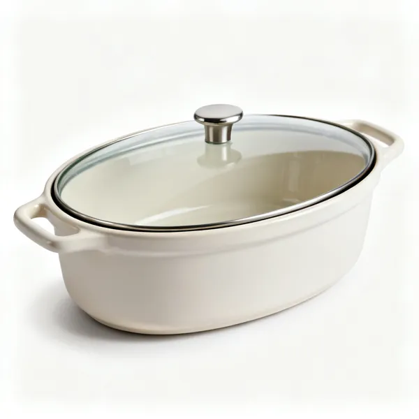 An oval slow cooker with a ceramic insert and glass lid