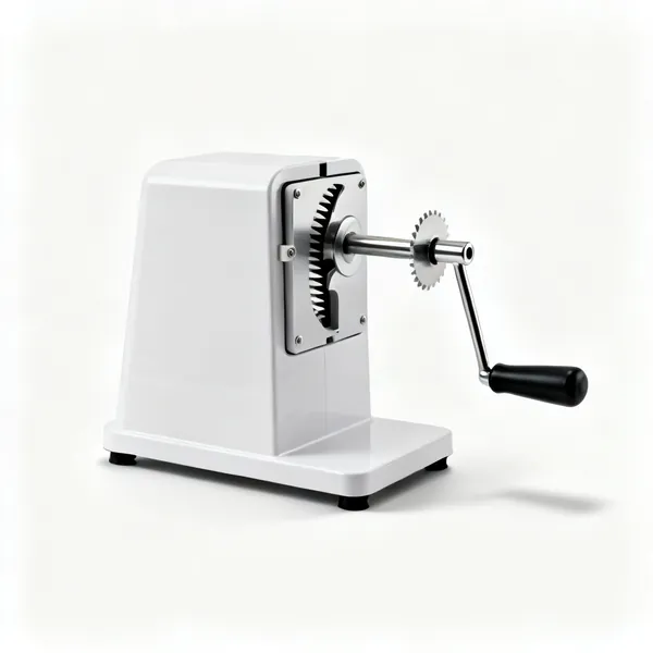 A countertop spiralizer with a crank handle and blade housing