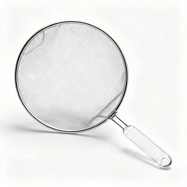 A round fine mesh splatter guard screen with a handle