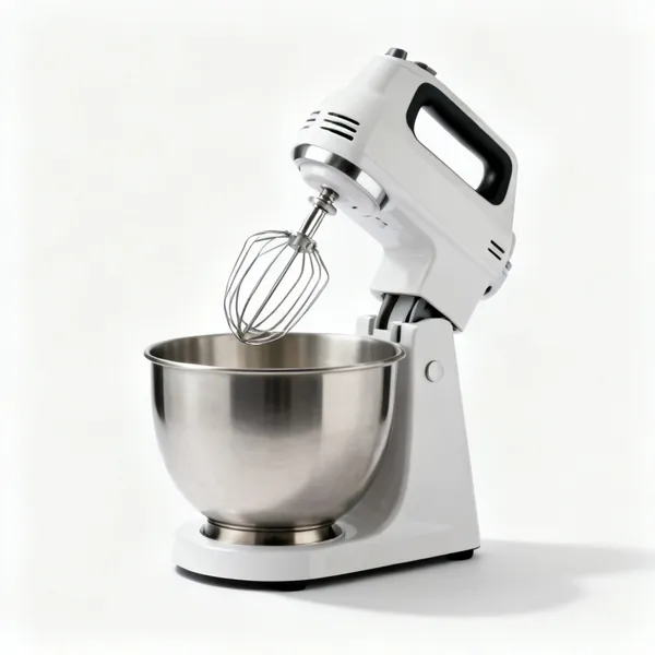 A stand mixer with a tilting head, bowl and whisk attachment