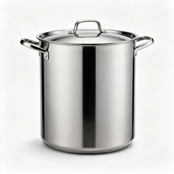 A tall large stainless steel stockpot with two handles and a lid
