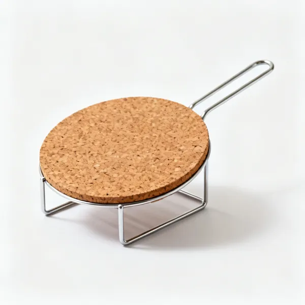 A round cork and metal trivet stand