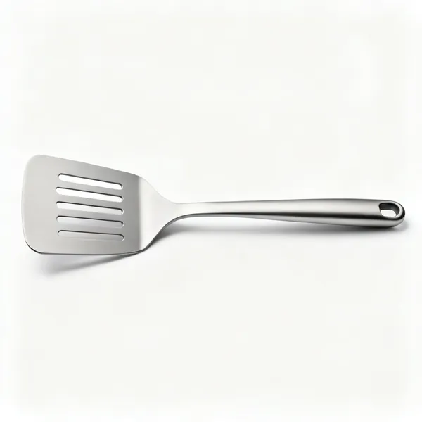 A wide flat kitchen turner spatula with a slotted blade