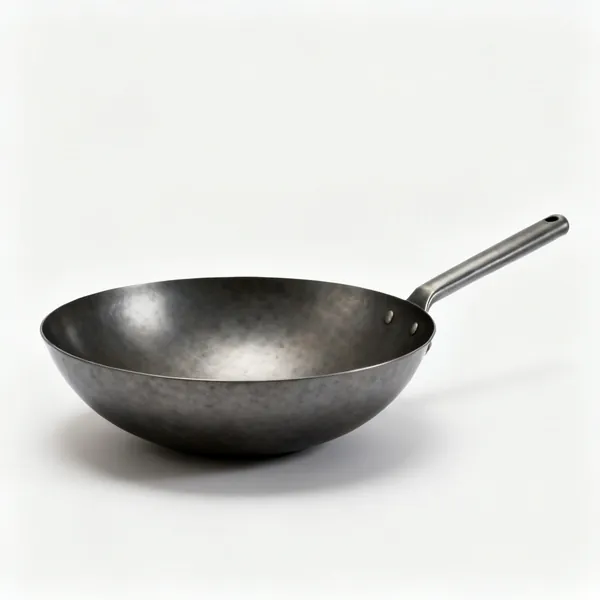 A carbon steel wok with a rounded base and a long handle