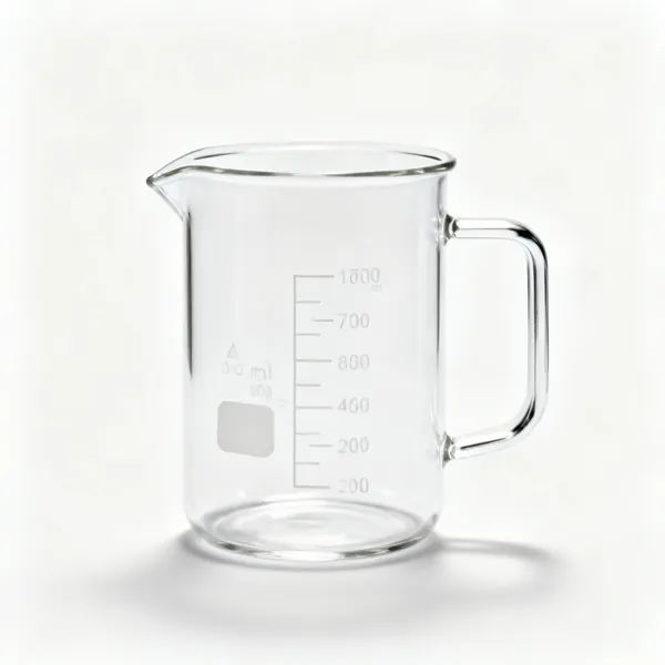 A glass laboratory beaker with graduation markings