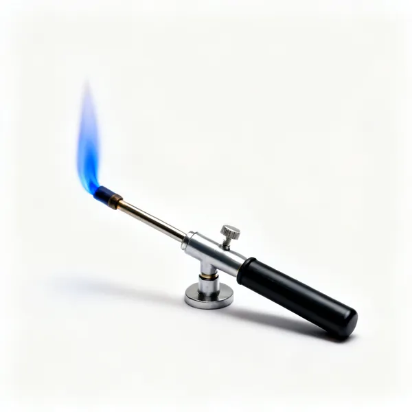 A Bunsen burner with a blue flame