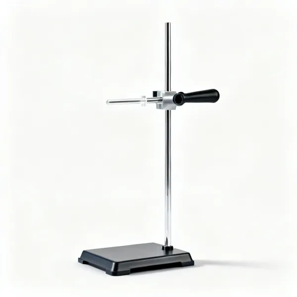 A laboratory retort clamp stand with a heavy base