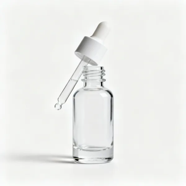 A glass dropper bottle with a pipette lid
