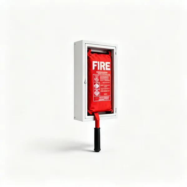 A fire blanket in a wall mounted case